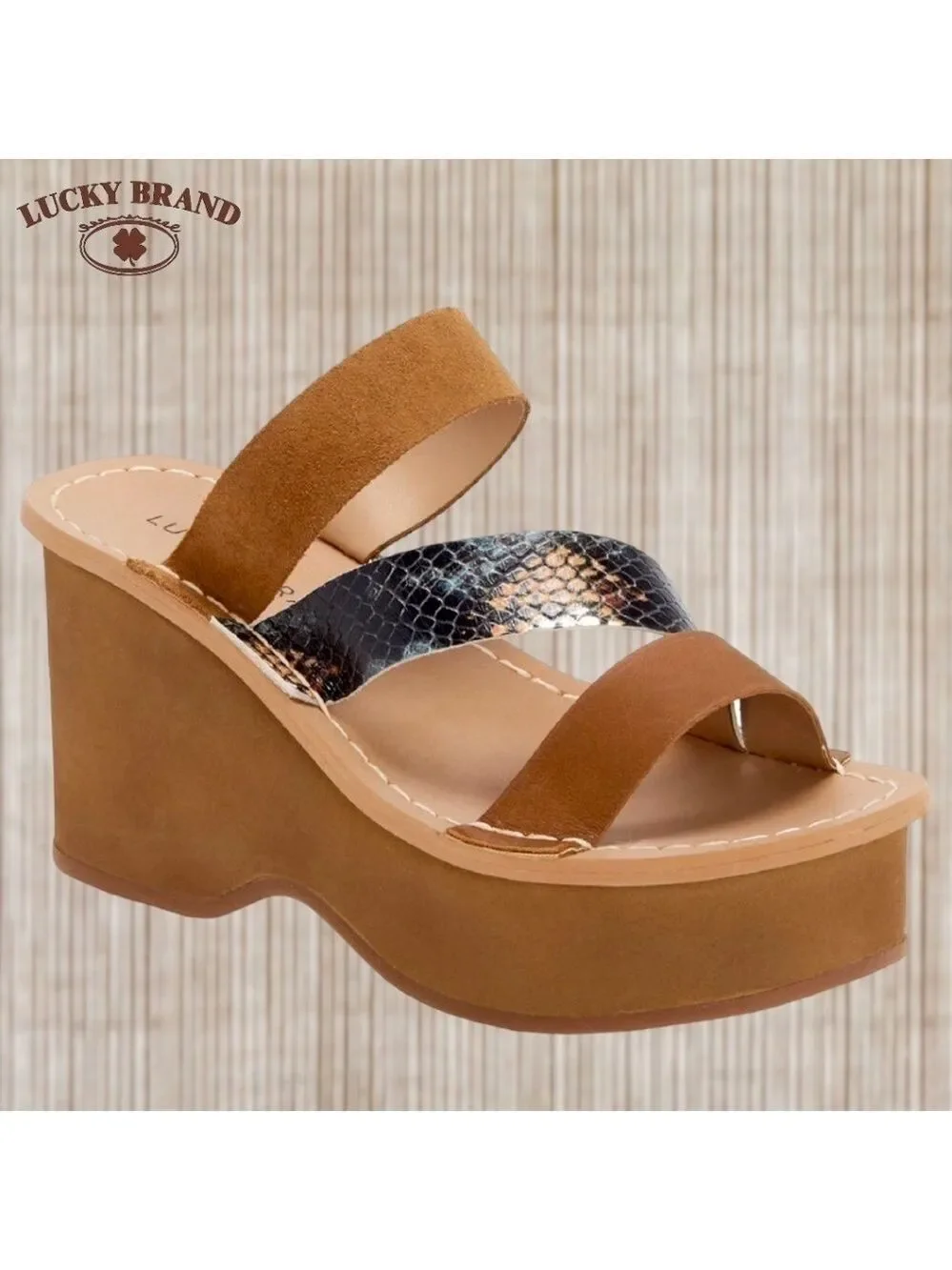 LUCKY BRAND Mimya Leather/Suede/Snake Print Strap Wedge Heeled Sandals/10M NWT